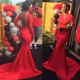 Latest 2017 Sexy Red Backless Long Sleeve Mermaid Bridesmaid Dresses Cheap Lace Long Maid Of Honor Wedding Guest Dress Custom Made
