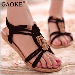 -Chanclas de moda de verano sandalias de playa para mujer cordón de cadena bandas elásticas negras zapatos planos Gladiador Sandalias Mujer para mujeres