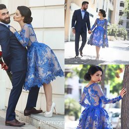 Royal Blue Knee Length Homecoming Dresses A Line Long Sleeves Lace Women Prom Party Dress Custom Made Plus Size