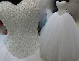 Real Photo Bling Crystals Beaded 2018 Ball Gown Wedding Dresses Cheap Sweetheart Tulle Long RHinestones Beaded Sequin Corset Back