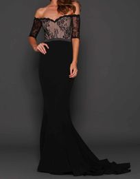 Sexy Black Mermaid Evening Dress Elastic Satin with Floral Lace Long Prom Dress Sweep train Long Party Gowns Cheap Zipper Back