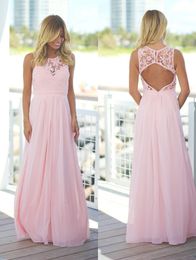 Blushing Pink Lace Chiffon Beach Bridesmaid Dresses Long Sleeveless Jewel Neck 0pen Back A-line Country Bridesmaid Dress New Custom Made