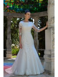 Vintage Lace Mermaid Modest Wedding Dresses With Half Sheer Sleeves Jewel Neck Button Back Vestido De Noiva Robe De Mariage Newest