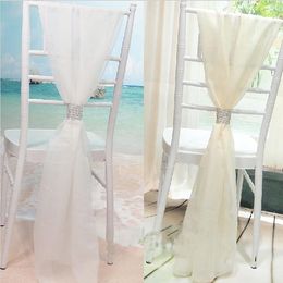 Wholesale White Slub Chair Sashes with Rows Diamond Chiffon Delicate Wedding Party Banquet Decorations Chair Covers Accessories