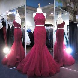Burgundy Two Piece Mermaid Prom Dresses Spaghetti Straps Sleeveless Criss Cross Back Lace Tulle Backless Prom Gowns
