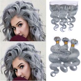 Silver Gray Body Wave Hair Bundles With 13*4 Lace Band Frontal Closure Brazilian Virgin Hair Grey Bundles With Ear To Ear Lace Frontal