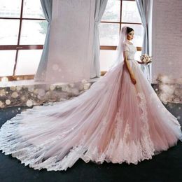short blush tulle dress Australia - Luxury Wedding Dresses Ball Gown Off the Shoulder Wedding Dress Illusion Lace Short Sleeves Puffy Tulle Blush Bridal Gowns Appliques