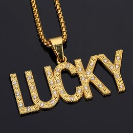 Gold Plated Charm Letter Lucky Pendant Necklace CZ Crystal Fashion Hip Hop Jewelry Long Chain Good Luck For Men Women Gift