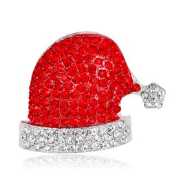 New Christmas Hat Brooches Red Rhinestone Crystal Brooch Pins For Women Party Dresses Xmas Gift Silver Plated Fashion Jewelry