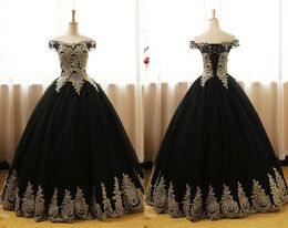 Ball Gown Prom Dress 2022 Black And Gold Lace Tulle Off the shoulder Tulle Short Sleeve Long Cheap Corset Back Evening Formal Gown