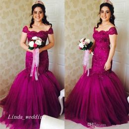 Fuchsia Off Shoulders Prom Dress High Quality Mermaid Cap Sleeves Fitted Sweep Train Long Formal Party Gown Custom Made Plus Size