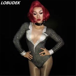 Deep V long sleeve female bodysuit sexy costumes full diamond Shining Rhinestone jumpsuit bright Crystal Rompers catsuit performance costume