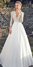 Chapel Classic Elegant Wedding Dresses A Line V Neck 3/4 Long Sleeve Floor Length Sheer Neck Art Illusion Bodice Bridal G