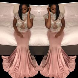 Sequins Beaded High Neck Prom Dresses 2k17 Dusty Pink Mermaid Evening Gowns Cap Sleeves Waist See Through Cocktail Formal Party Vestidos