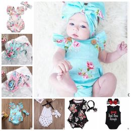 Baby Clothes INS Baby Rompers Print Flower Outfits Fashion Summer Romper Hairband Floral Jumpsuits Headband Overalls Todder Bowknot J267