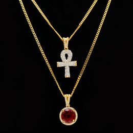 Ankh egípcio Chave da Vida Bling Pingente de Strass Cruz Com Rodada Red Ruby Pingentes Colares Set Homens Hip Hop Jóias