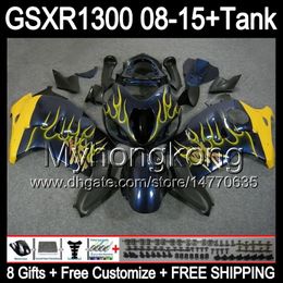 8gifts For SUZUKI Hayabusa GSXR1300 08 15 GSXR-1300 yellow flames 14MY68 GSXR 1300 GSX R1300 08 09 10 11 12 13 14 15 Fairing gloss black Kit