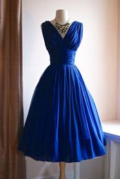 Vintage Tea Length 1950s Royal Blue Ruched Chiffon Wedding Dresses Short Colorful Reception 1960s Bridal Gowns Non White Custom Made