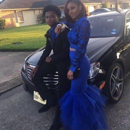 African Royal Blue Black Girls Prom Dress Sexy South African Long Sleeves Two Piece Evening Party Gown Plus Size Custom Made