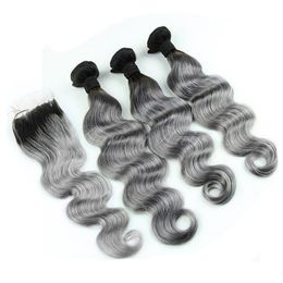 9a Human Hair Bundles With Lace Closure Two Tone Color 1b Sliver Gray Lace Closure With Body Wave Human Hair Weaves Dark Roots