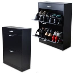 -Black Wood Shoe Cabinet Shoe Closet Rack Organizer com gavetas de armazenamento e 2 Rotary Doors From USA Stock