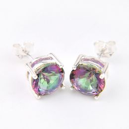 10 Pcs Lot High Quality Fashion Jewellery 4 Prong Round Mystic Fire Topaz Silver Plated 925 For Women Men Stud Earrings Free Shipping