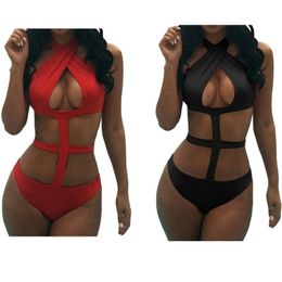 Black Red Sexy Women High Cut Monokini Hollow Out Bodysuit Bathing Wear Swimwear Exotic Lingerie Underwear