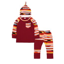 New Fashion Baby Boys Girls Clothes Sets Long Sleeve Colourful Stripe T-Shirt+Pants+Hat 3Pcs Sets Spring Autumn Winter Clothing For Kids