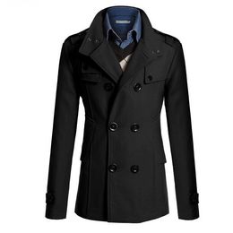 Wholesale- SYB 2016 NEW Slim Fit Long Coat Warm Double Breasted Peacoat Coat Jacket Black
