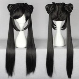 100% Brand New High Quality Fashion Picture full lace wigs>Long Black Straight Lady Girl Lolita Wig With Two Ponytails Design Wig
