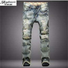 Whole- Men's Fashion Brand Designer Ripped Biker Jeans Men Distressed Moto Denim Joggers Washed Pleated Jean Pants Black 213d