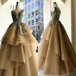 Khaki Prom Dresses Sleeveless Sheer Neck Backless Applique Tiered Floor Length Custom Made Evening Gowns Formal Dresses