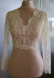 High Quality Long Sleeves Wedding Bolero Jacket Lace Ivory V-Neck Custom Made Sheer Wedding Wraps Shrugs Buttons Back Bridal Stole216S