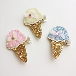 24pc/lot Glitter Felt Pink Icecream Baby Girls Hair Clip with Mini Bow Hair Barrette Cute Sequin Gold Silk Hairpin New Arrival