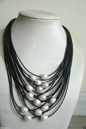 -Nuevo collar de cuero negro de perlas de agua dulce de 11-12 mm de perlas blancas multicadena