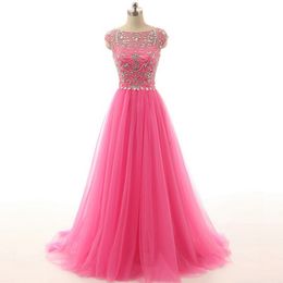 Luxury Prom Dressess Hot Pink Sheer Bateau Neck Capped Shoulder Crystals Beads Sequins Embellished Tulle Prom Dress Evening Gown