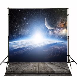 Beautiful Night Sky Stars Moon Backdrop Photography Vintage Dark Wood Planks Texture Floor Kids Children Photo Background Vinyl