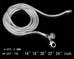 2017 hot sells Man woman 20pcs/lot 925 sterling Silver 2.4MM snake Chain Necklace 16"/18"/20"/22"/24" for Pendants