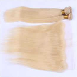 #613 Russian Blonde Virgin Human Hair 3 Bundles With Frontal Silky Straight Golden Blonde Ear to Ear Frontal Closure 13x4 With Weaves