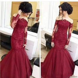 Strapless Lace Burgundy Arabic Dubai Mermaid Evening Dress Modest Long Sleeves Formal Party Gown Custom Made Plus Size