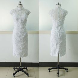 White Vintage Knee Length Lace Wedding Dress Cap Sleeves High Neck Beaded Tulle Bridal Wedding Gowns Sheath Backless Real Photo