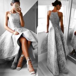 Stunning High Low Evening Dress Spaghetti Straps Halter Sleeveless Silver Lace Hi Low Dresses Custom Made Prom Dress