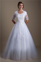 Белое бальное платье Скромные свадебные платья с половиной рукавов Кружевные аппликации из бисера Свадебные платья принцессы Формальные элегантные поезда249Y