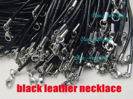 KUNAFIR Hot sale 3mm 34-40inch black Real leather necklace stainless steel accessories Jewellery DIY cheap fashion men chain 20pcs/lot ZPP028