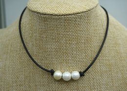 JLN Three PCS Pearl Leather Choker Collar Necklace Handmade Freshwater Pearls Jewellery For Women Baby