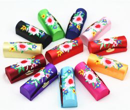Pretty Embroidered Makeup Lipstick Storage Case with Mirror Empty Lip Balm Box Satin Fabric Lip gloss Tubes Packaging Containers 12pcs/lot