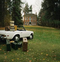 Autumn Photo Backgrounds Scenic Leaves Grassland Trees Luggage on Vintage Car Suitcase Holiday Travel Family Photography Backdrops