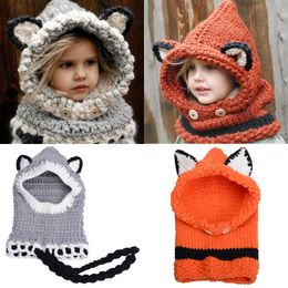 Cute Fox Winter Knitted Hats for Kids Trend Warm Children Beanies Shawl Cap Boys Girls Skull Scarf Caps Wool Shapka GH-140