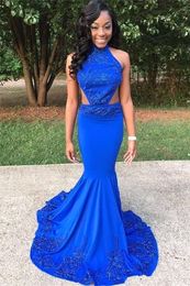 African Royal Blue Prom Dresses 2017 New 2k17 Mermaid Sexy High Neck Backless Beaded Appliques Lace Long Black Girl Evening Dress Party Gown