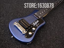 Easy-taking Custom Metallic Blue Left Handed Hofner Shorty Travel Guitar Protable Mini Electric guitar With Cotton Gig Bag
